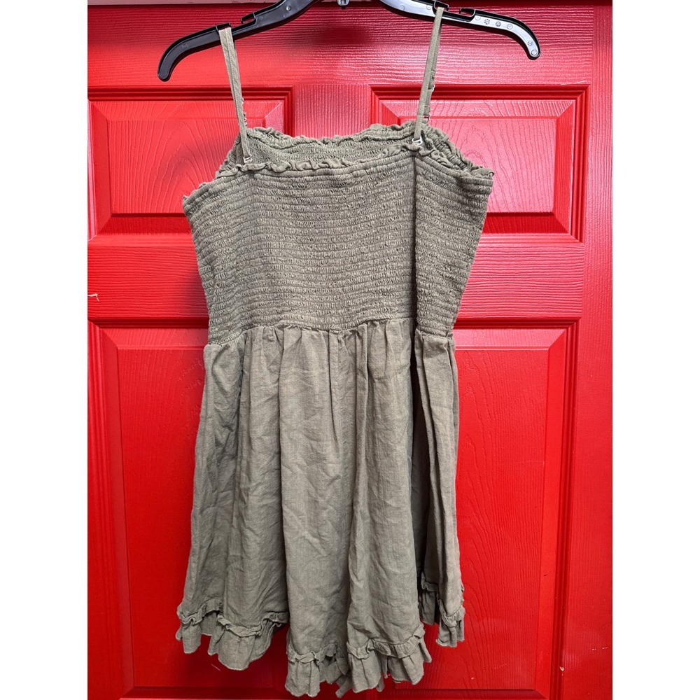 Zaxxy Olive Green Smocked Cotton Linen Ruffle Hem Romper Sleeveless